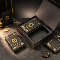 Boîte cadeau d'entreprise noire personnalisée, boîte rigide de luxe avec bordure dorée, plateau intérieur et poignée pour coffret cadeau d'entreprise