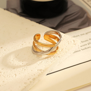 Stainless Steel <b>Ring</b> Geometric Design Two Tone Gold Plated <b>Open</b> Cuff Women's Fashion Jewelry Gift - Product Image 1