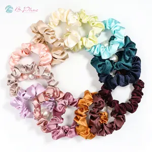 Wholesale Girl Solid Color Satin Scrunchies Pearl Hair Elastic hair bands Thin Scrunchies for ladies women