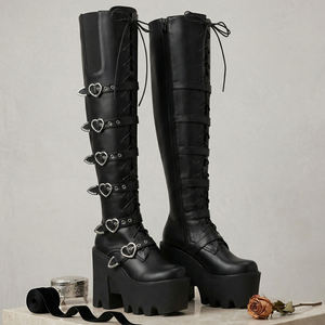 Bottines noires <span class=keywords><strong>gothiques</strong></span> WETKISS pour femmes, avec boucles en forme de cœur, à porter au-dessus du genou, talons épais, <span class=keywords><strong>bottes</strong></span> longues, chaussures cyber goth pour femmes - Product Image 4