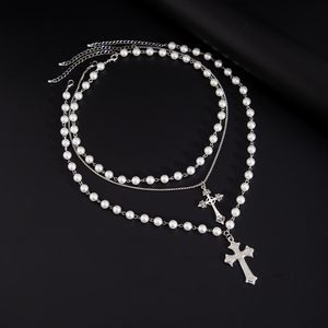 <span class=keywords><strong>Collana</strong></span> Retrò Multistrato con Grande Croce Cava e Perle Imitate, Gioiello Unisex Trendy, <span class=keywords><strong>Collana</strong></span> Choker alla Moda, Regalo di Bigiotteria - Product Image 3