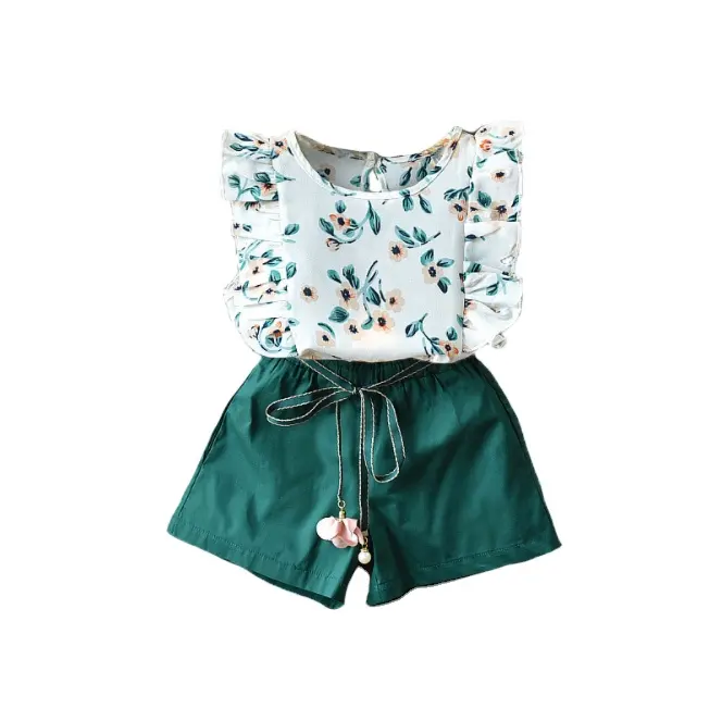 New Fashion Summer Girls' Clothing Sets Flowers Allover Print Chiffon Ruffle Blouse Short Pant Girl's Set 2-8 Years