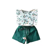 Conjunto de ropa con estampado floral para niña, blusa de gasa con volantes, pantalón corto, 2 a 8 años