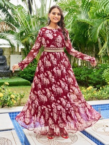 Robe longue et froufrous à imprimé georgette lourd avec manches longues et ceinture Kurtis à fleurs pour dames en provenance d'Inde - Product Image 4