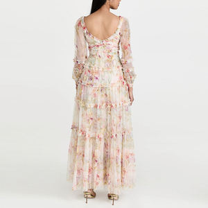 Abito da donna <span class=keywords><strong>in</strong></span> Tulle Nylon per donna con stampa floreale a manica lunga produttori di abbigliamento con volant elegante scollo a V logo personalizzato Bloom - Product Image 3