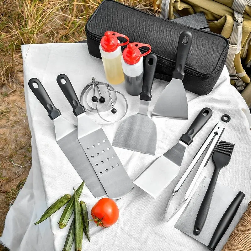 Set di strumenti per barbecue con manico in acciaio inossidabile 14 pezzi con borsa per il trasporto accessori per barbecue
