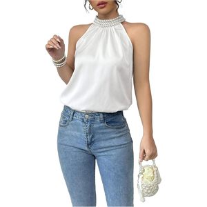 FOXA Women's Summer Halter Top Beaded Sleeveless <b>Blouse</b> Casual Elegant Work Shirt Breathable Polyester - Product Image 1