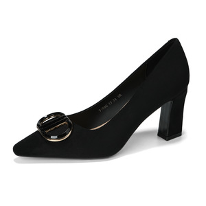 <b>Black</b> <b>Suede</b> <b>Pumps</b> Pointed Toe Block Heel Metal Buckle Office Shoes High Heel Breathable Women's Footwear - Product Image 4