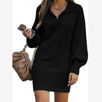 Femmes solide lanterne à manches longues col en V pull ample robe hiver mode qualité personnalisé pull tricoté