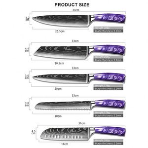 Juego de Cuchillos de Cocina Multifuncionales de Acero de Damasco al por Mayor con Mango de Resina Morada y Hojas con Patrón Láser, Cuchillos de Carnicero - Product Image 3