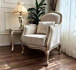 Sofá de Lujo de Madera Maciza Francesa, Color Dorado Champán, Sofá Informal para Sala de Estar, Tela Jacquard - Product Image 3