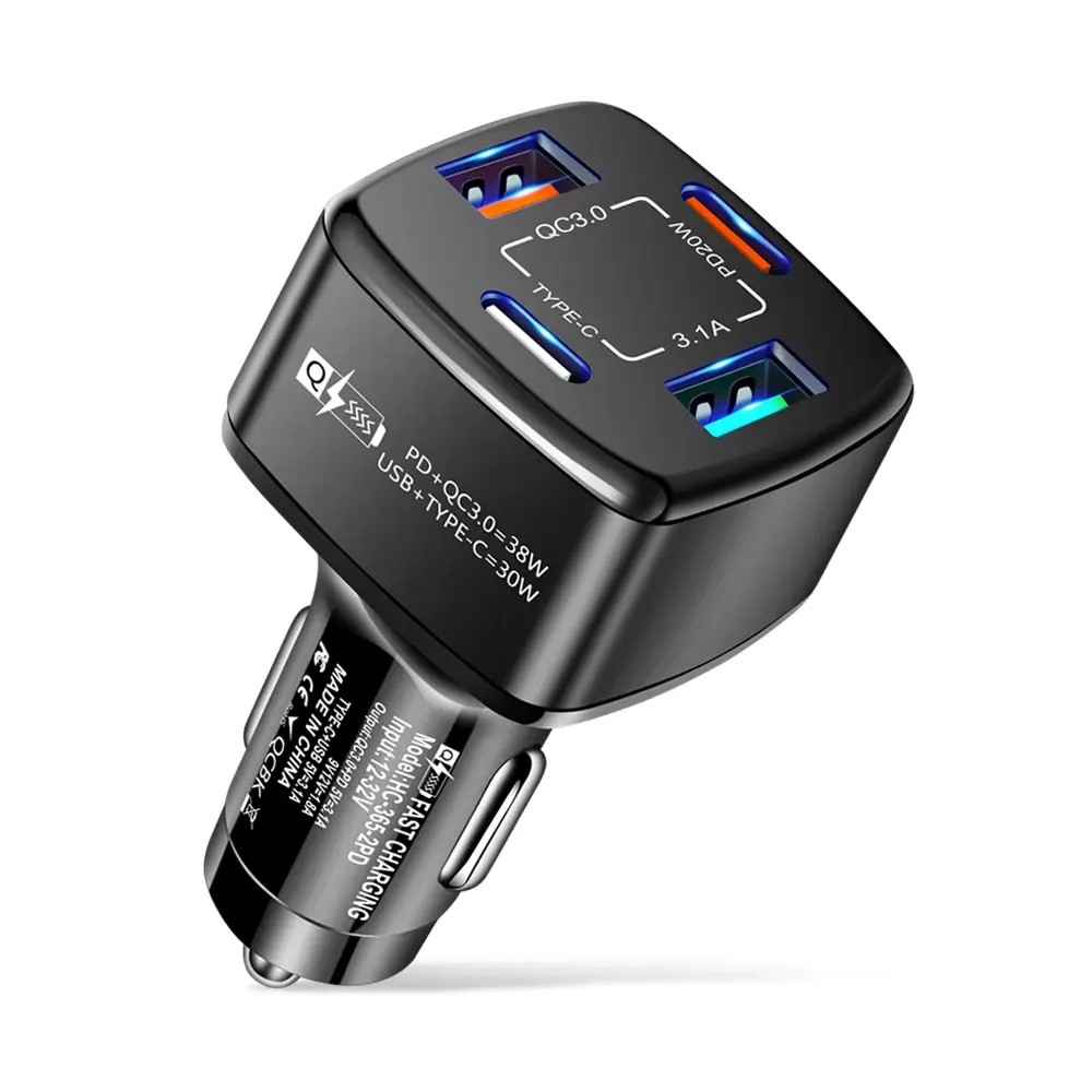 Latest QC3.0 4 Ports Charger Car Cigarette Lighter Socket with 20W Type-C PD Car Charger Fast Charging