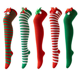 WZ193 Dames Overknee Sokken met Vachtbal voor de Winter, Lange Sokken met Strepen voor Halloween Kerstmis, Europese Stijl - Product Image 1