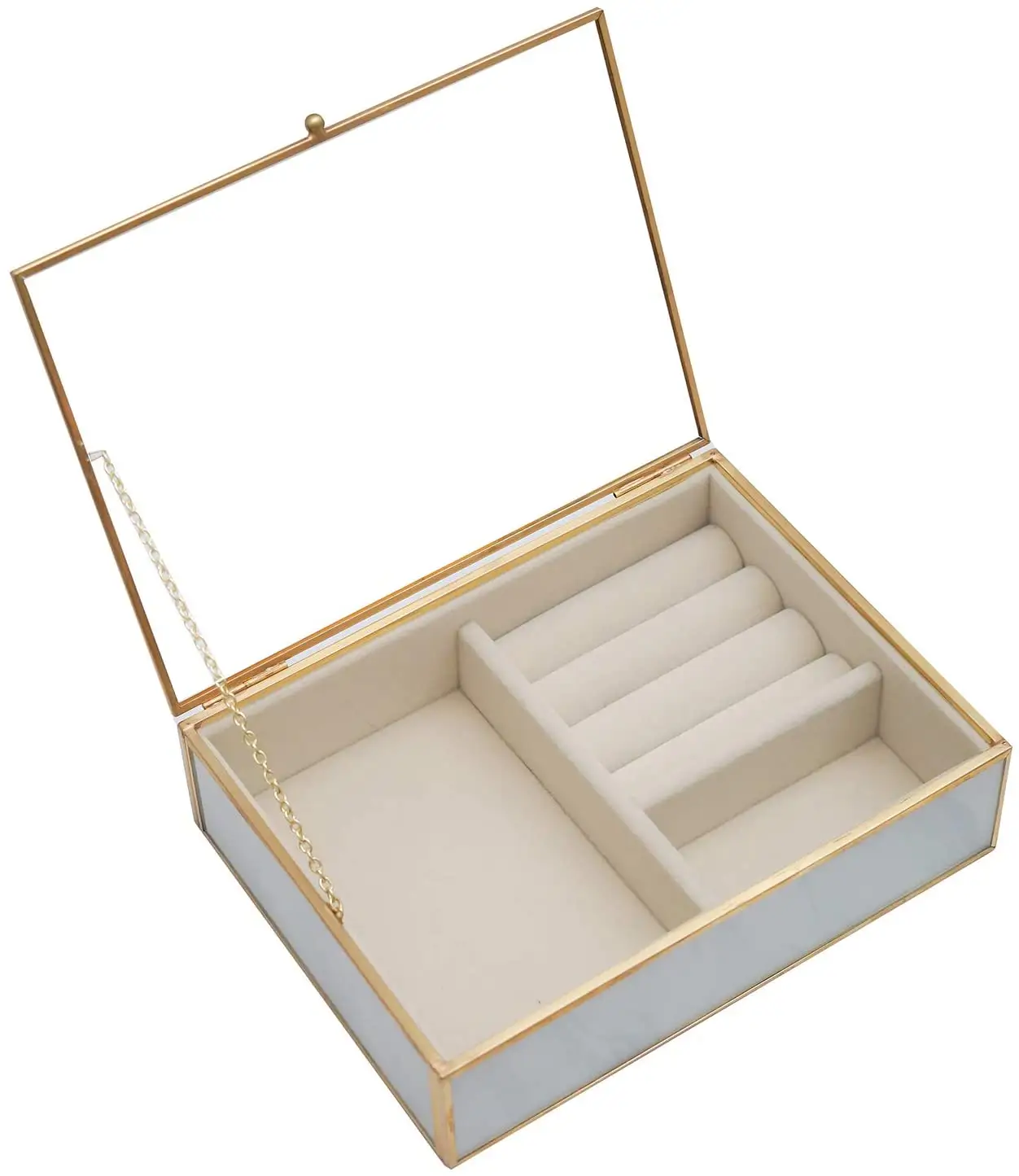 Caixa organizadora de joias de vidro moderna, com bandeja de veludo e tampa