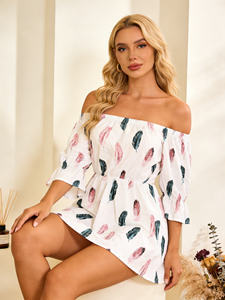 Vestido Casual de Verano con Estampado de Plumas, Hombros Descubiertos, Corte en A, Poliéster/Algodón, Lavable, Mangas con Vuelo - Product Image 6