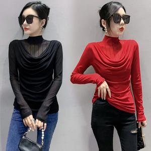 Herbst kleidung New Mesh Half-High Collar Langarm Fashion Printed Slim T-Shirt Trendy Bottom ing Tops Kleines Shirt für Frauen - Product Image 4