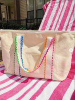 Sac à bandoulière en toile brodé avec logo personnalisé, bordure arc-en-ciel, sac fourre-tout d'été, sac de plage, sac de voyage grande capacité, sacs à main pour le shopping