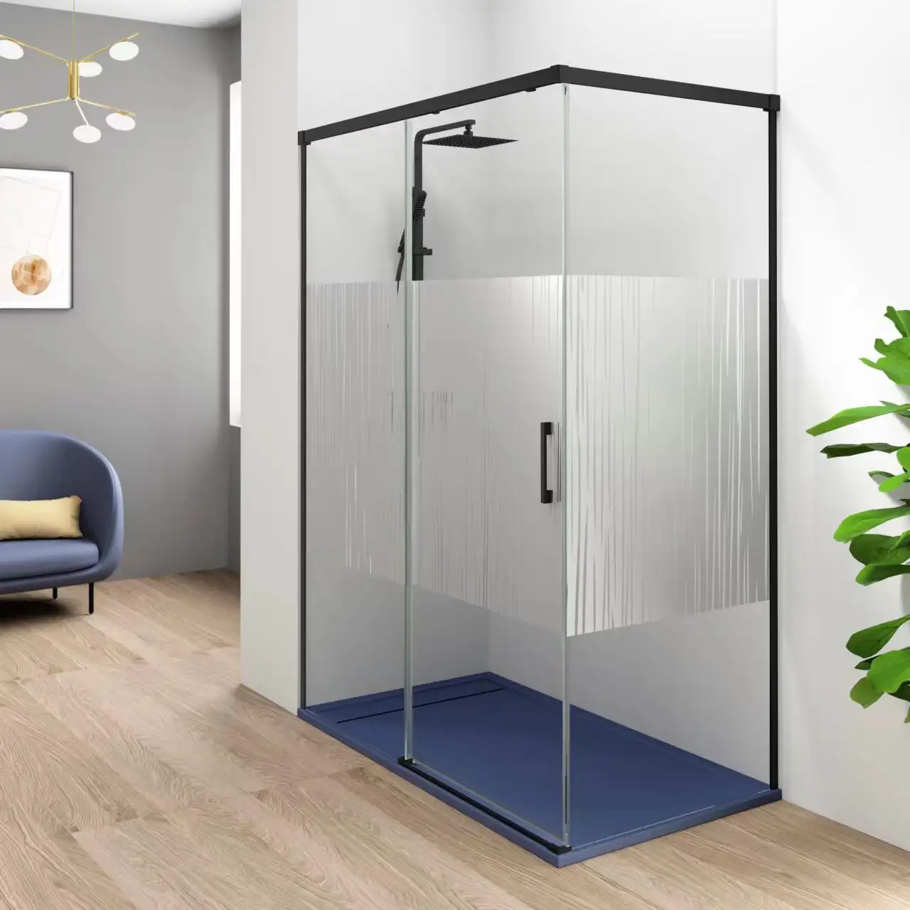 Cabina de ducha esquinera moderna, para baño, color negro