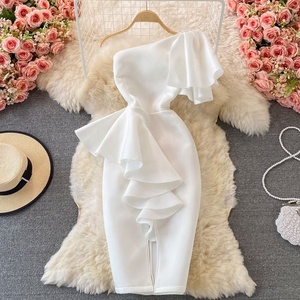 1443 स्त्री मिडी पोशाक ऑफ-कंधे की कमर से बुना हुआ वसंत सोशलाइट क्लब क्लासी ड्रेस स्लिट छोटे उपहार ठोस पैटर्न - Product Image 3