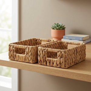 <b>Rectangular</b> Natural Water Hyacinth <b>Storage</b> <b>Basket</b> With Handles Rustic Multi Purpose Organizing Tray For Home Desktop Neatening - Product Image 3