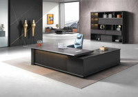 Bureau de direction en bois moderne de haute technologie en forme de L avec gestion des câbles et rangement, finition noire de luxe