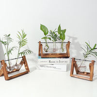Vase en verre suspendu à ampoule, station de propagation en bois, forme de boule ronde, vase hydroponique en verre et en bois avec cadre en bois, décoration de la maison