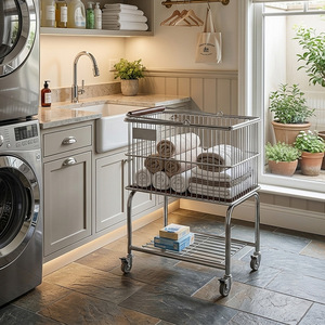 Laundry <b>Basket</b> Trolley Double Layer Wheeled Metal Rolling Cart Clothes Organizer <b>Large</b> Size Household <b>Storage</b> - Product Image 2