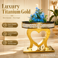 Table à gâteau de luxe en acier inoxydable doré, piédestal en forme de cœur, franges de cristal, design moderne, pour hôtel, salle à manger, mariage, présentation de desserts
