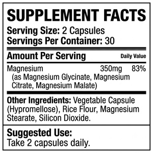 OEM ODM Complejo de Magnesio GMP Halal 60 Cápsulas 350mg de Magnesio Elemental con Glicinato, Citrato y Malato - Product Image 3