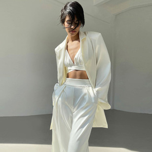 ANSZKTN Blazer en satin Soutien-gorge crop top <span class=keywords><strong>Pantalon</strong></span> taille haute sur mesure <span class=keywords><strong>Pantalon</strong></span> large pour <span class=keywords><strong>femme</strong></span> - Product Image 1