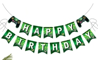 Bannière d'anniversaire sur le thème des manettes de jeu, spirales suspendues bleues, décorations de fête joyeux anniversaire