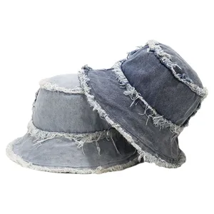 Chapéu tipo bucket hat, chapéu de denim lavado para uso externo, com proteção uv, aba larga e áspero