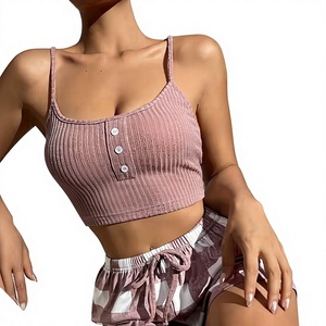 Women's 2-Piece Pink Striped Knitted Lounge Set V-neck Sleeveless Crop Top Shorts Elastic Waist Breathable Casual Spring Summer - Product Image 3