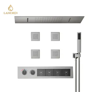 Lanerdi Luxury 4 Way Diverter Ceiling Mount Rainfall Shower Set with Body Jets Thermostatic Bathroom Shower System