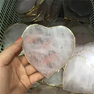 Round Heart Shaped Hexagon Large Slice Crystal Geode Stone Gemstone Agate Gold Plated Trim Rose Quartz Coasters for Drinks