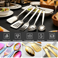 Ensemble d'ustensiles de service de buffet en acier inoxydable doré, cuillère, fourchette et spatule à long manche pour hôtel, vente en gros, OEM, logo personnalisé