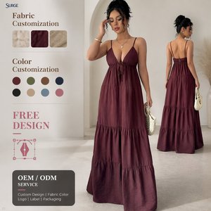 Vestido Maxi Personalizado para <span class=keywords><strong>Mujer</strong></span>, Casual, <span class=keywords><strong>de</strong></span> Verano, Color Borgoña, Lino y Algodón Premium, Cuello en V Profundo, Tirantes Finos, Lazos Delanteros, Dobladillo con Volantes en Capas - Product Image 1