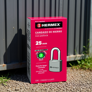 Candado de Hierro Hermex de 25 mm con Grillete Largo Cromado, Cilindro de Latón Macizo, Impermeable, Mecanismo de Bloqueo de Palanca Única, Rectangular - Product Image 2