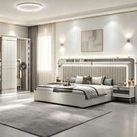 Ensemble de chambre à coucher moderne avec lit king-size en velours gris clair et doré, 1800x2000mm, lit LED, armoire et coiffeuse personnalisables