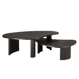 Modern Dark Wood <b>Nesting</b> Coffee <b>Table</b> Set of 2 Irregular Organic Shape Fluted Base Living Room Center <b>Tables</b> - Product Image 1