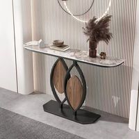 Table Console Simple avec Plateau Long Décoratif en Marbre, Base en Métal Noir et Or pour Salon