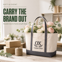 Sac fourre-tout en toile avec logo personnalisé, poche avant et bordure grise, sac de shopping réutilisable pour la vente au détail et l'emballage de cadeaux