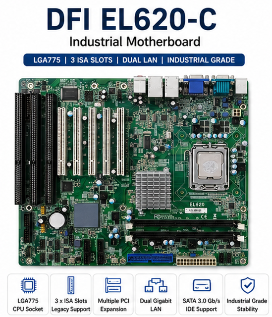 For DFI EL620-C ATX Industrial Motherboard LGA775 G41 3 ISA 5 PCI 8 COM Dual GbE LAN Free CPU