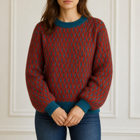 Pull en maille torsadée personnalisé pour femme, col rond, orange, rouge, vert sarcelle, texture losanges en relief, usine OEM ODM