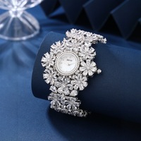 Pulsera de Lujo con Circonitas Cúbicas en Forma de Flor para Mujer, Brazalete de Cobre con Diamantes, Elegante Reloj de Cuarzo para Fiesta o Boda