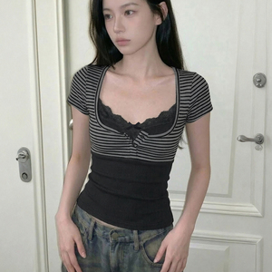 ชุดสองชิ้นเสื้อลูกไม้คอวีลายทางแขนสั้นสีล้วนหวานเซ็กซี่ - Product Image 5