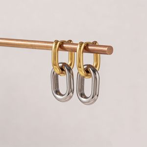 Stainless Steel Color <b>Blocked</b> Huggie Earrings Geometric U <b>Shape</b> Two Tone For Everyday Wear - Product Image 1