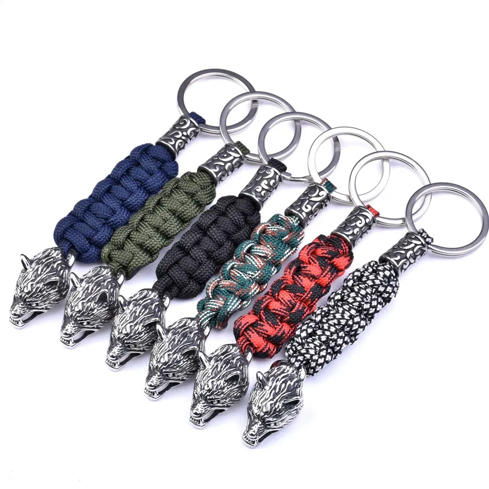 2023 Silver Stainless Steel Vintage Viking wolf head keychains blue black army green survival paracord key chain