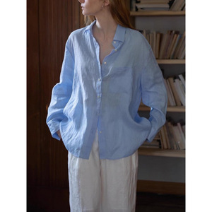 Camicie da <span class=keywords><strong>donna</strong></span> in <span class=keywords><strong>lino</strong></span> a maniche lunghe con bottoni, camicetta casual ampia per il commuting, camicie oversize con tasche e risvolto per primavera estate - Product Image 6