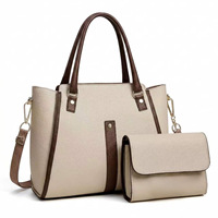 Set Tas Tote 2-in-1 Wanita untuk Kantor & Sehari-hari - Tas Tangan Kulit PU Kontras Beige & Cokelat dengan Dompet Senada